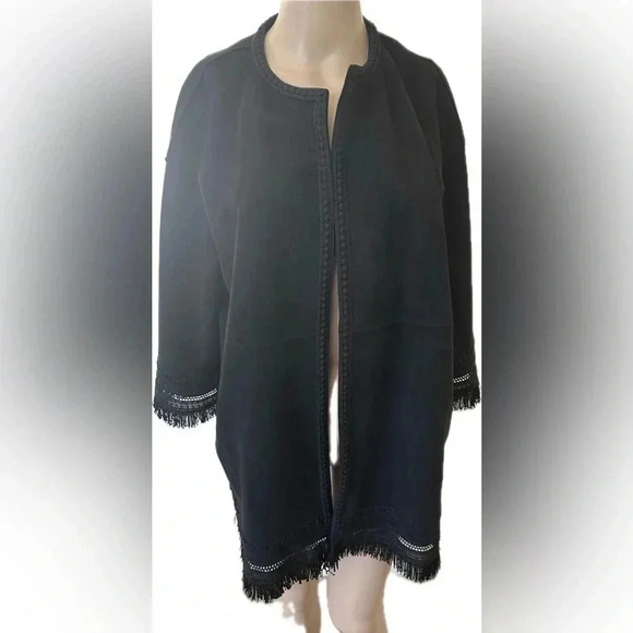 Zara suede fringe boho oversized kimono black whimsygoth size S - Picture 2 of 9